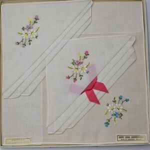 Set of 3 Vintage Embroidered  Floral Handkerchiefs Hand Loomed Cotton Ireland